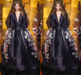 Robes 2016 Modèle noir Elie Saab Robes de soirée Deep V Neck Manches longues Satin Sweep Train A Line Party Robe Red Carpet Celebrity Dr