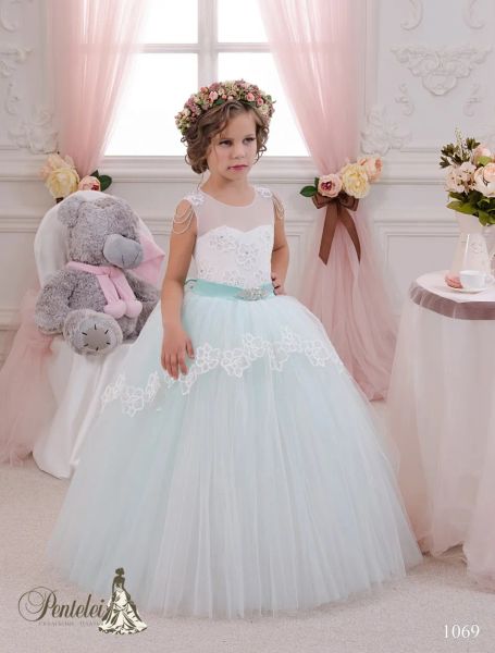 Vestidos 2016 Light Ice Blue Little Bride Vestidos con cinta de cuentas y hombros de cuentas Apliques de lacos de pelota Vestidos de niñas de flores