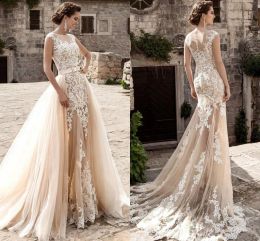 Vestidos 2017 champán sobre faldas vestidos de novia de tul aline see a través de la faja de encaje vintage, tren desmontable, boho boho woddi weddi