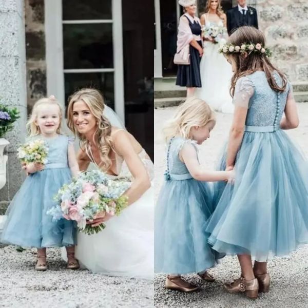 Vestidos 2017 Dusty Blue Tul Longitud de té Country Boho Flower Girls Vestidos para bodas CARCE CARACHE CAJA CABLA CULLA VESTIVA EF6191