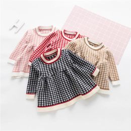 Vestidos 2018 outono manga longa bebê bebês meninas crianças doce oneck xadrez malhas festa princesa tutu suéter vestido vestidos c939