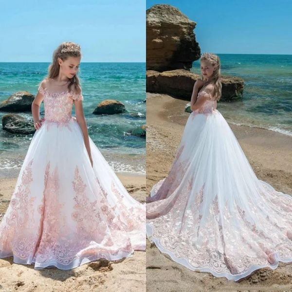 Vestidos 2018 Hermosos vestidos de vacaciones para adolescentes Costo de cuello transparente Vestidos de niñas de flores Cabisteres de mangas cortas Apliques de tulio Tul