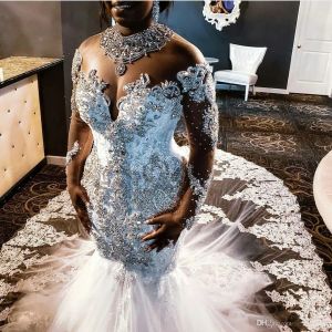 Jurken 2020 African Mermaid Wedding Jurk Plus Size Wedding Jurken Riinestones Crystals Lace kralen Lange Mouw Court Train South Vestid