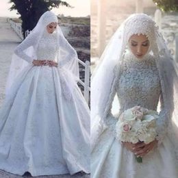 Jurken 2020 jurk moslimbal lange mouwen lange mouwen kanten applique kralen satijn dubai bruiloft bruidsjurken op maat gemaakte plus maat s
