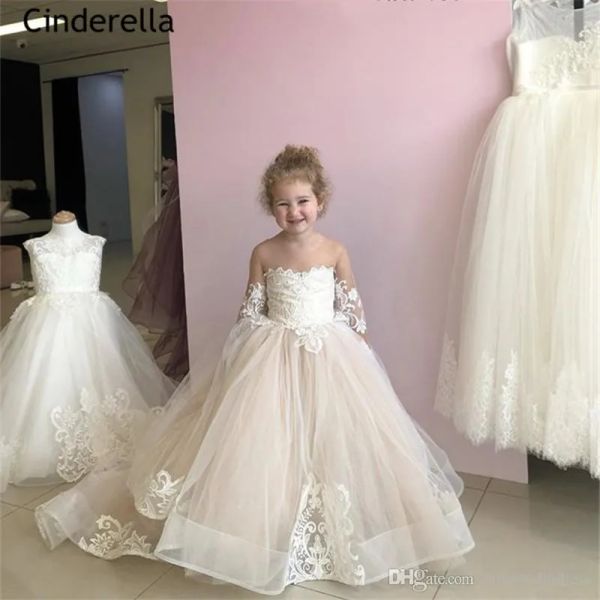 Robes 2020 Light Champagne Scoop Manches longues Aline en dentelle Applique en tulle Fleur filles Robes avec un concours de filles Bow Mated Infant Pageant PA