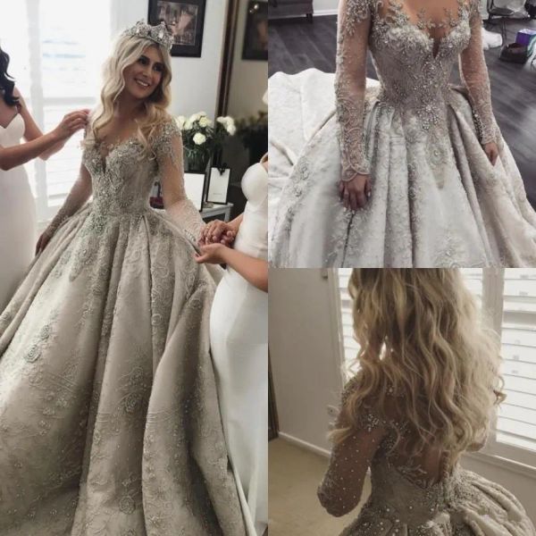 Robes 2020 luxe à manches longues en dentelle applique en cristal robes de mariée joyeuse robe de mariée vintage