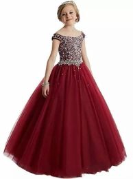 Robes 2020 New Burgundy Red Princess Girls Pageant Robes Scoop Neck Crystal Beads Ball Ball Tulle Kids Party Birthday Robes Flower Gir