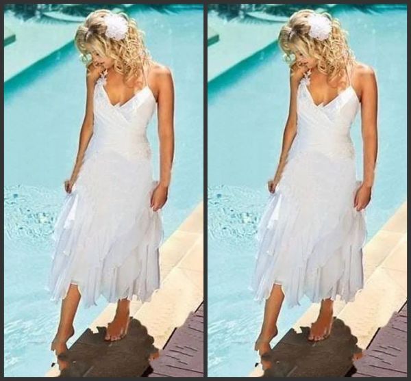 Vestidos 2020 Nuevos vestidos de novia de playa bohemio barato Bohemio Tea Longitud de té de verano Boho Chiffon White Bridal Gowns 341