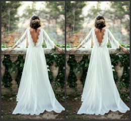Jurken 2020 Sexy Ivory Lace 3/4 Boheemian Wedding Dresses met lange mouwen Boheemse trouwjurken 2017 Summer Court Train Flow Chiffon Plus Size Beach Bridal