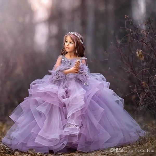 Robes 2020 tulle lavande fleur robes robes perles petites filles concours de concours de longue manche princesse enfants robes de mariage fille fleur fille