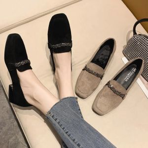 Jurken 2021 Herfst Winter Vrouwen Loafers Lage Hakken Bootschoenen Vierkante Neus Jurk Schoenen Keten Faux Suede Pluche Warme Dames schoenen 8409N