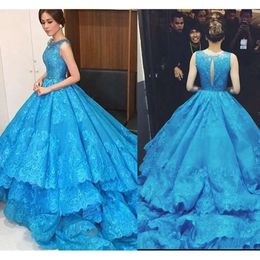 Jurken 2021 Blue Lace Evening Applique gelaagde kristallen kristallen schep nek mouwloos op maat gemaakt verjaardagsfeestje prom ball jurk vestido