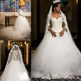 Jurken 2021 Bridal Sheeves Ball Lange trouwjurk sexy illusie achter schep nek op maat gemaakte plus size castel chapel vestidos de noiva