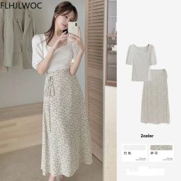 Robes d'été Chic coréennes pour femmes, vêtements mignons et doux pour filles, imprimé Floral, Date de vacances, taille haute, jupes longues, 2021