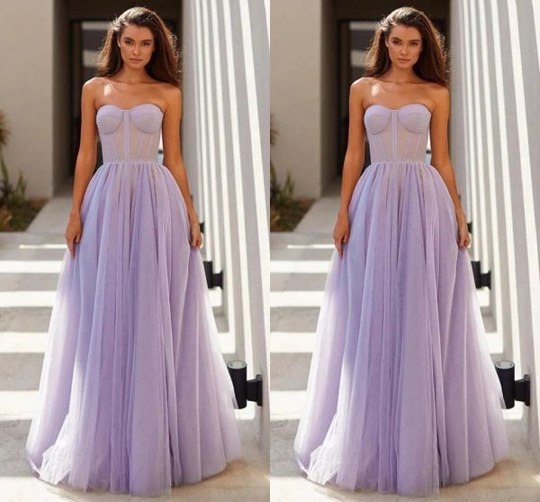 Vestidos 2021 lavanda/rosa/azul A LINE TULLE Long Vestido de noche 2022 Bade Boning Top Top Formal Vestido con celebridad de bolsillo W