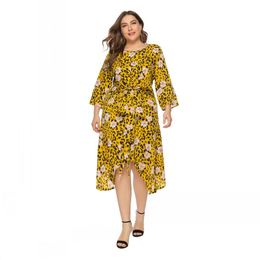 Robes 2021 Robe De Grande Taille Pour Les Femmes Imprimé Floral Nouveau O Cou 3/4 Manches À Lacets Plage Fête Vacances Irrégulière Robe Verte Robes