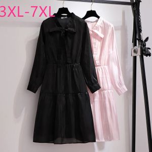 Vestidos 2021 Vestido de talla de otoño de primavera para mujeres grandes sueltas de manga larga de manga larga V para el cuello rosa negro 7xl