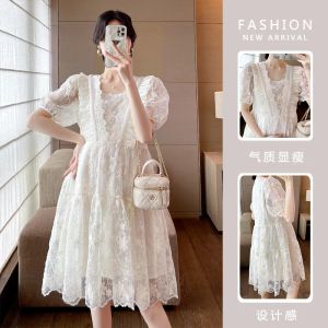 Jurken 2022 Autumn Maternity Lace Dress Plus Size zwangere vrouwen kleden zoete driekwart mouw vneck losse zwangerschap Empire Dress