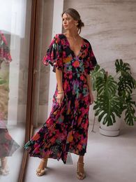 Jurken 2022 Boho Floral Gedrukte Vneck korte mouw zelfliggende katoenen jurk tuniek vrouwen zomer kleren straat dragen maxi jurken a1341