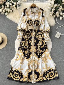 Jurken 2022 Fashion Runway Barokke Maxi Dress Women Long Lantern Sleeve Knoppen Down Golden Flower Print Elegant Belt Party Vestidos