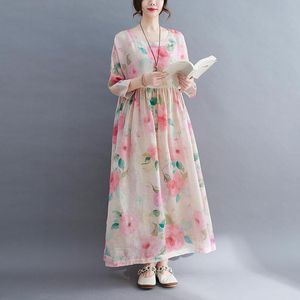 Robes 2022 Nouvelle arrivée Ramie Linet Loose Summer Robe Impression Floral Voyage Voyage Femme décontractée Bureau Dame Ol Travail Long Robe