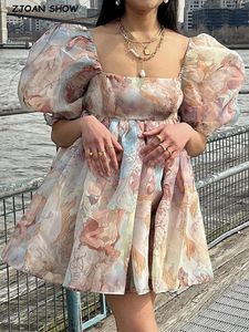 Jurken 2022 Princess Vintage Tie Dye Beauty Girl Print Organza Ball Jurk Jurk Dress Puff Sleeve Dames Swing Mini Jurken Fairy Robe Vestidos