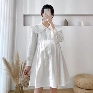 Robes 2022 Spring Maternity Long Manche à manches blanches à manches longues White Collar Colde Douce femme enceinte robe coton Blouses en gros