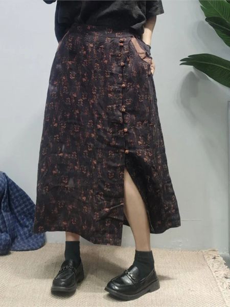 Robes 2022 été nouvelle jupe femmes rétro décontracté Baoken fleur fendu la fourchette jupe dames taille élastique lin allmatch jupe