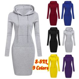 Jurken 2022 Dames Herfst Winter Mode Sweatshirt Jurken Vrouwelijke Pocket Capuchon Casual Jurk Effen Kleur Lange Mouw Mini Jurk Kleid