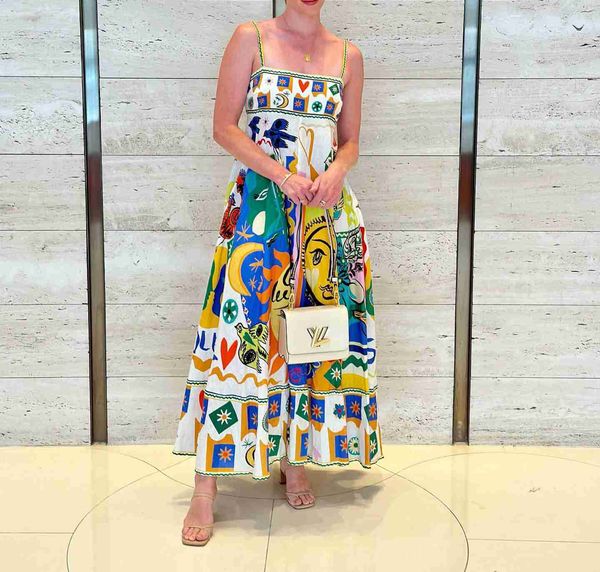 Vestidos 2023 Diseñador australiano Fancy Womens Vestido largo Patrón abstracto Cintura reunida Sin mangas