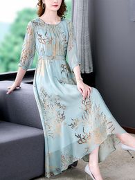 Robes 2023 bleu imprimé soie naturelle légère élégante robe midi printemps été Boho décontracté plage robe d'été femmes coréenne moulante robe de soirée