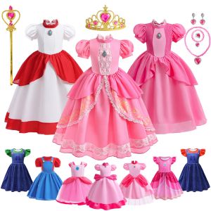Robes 2023 Halloween Cosplay Game Movie Super Bros Princess Peach Robe For Girl Christmas Kids Pageant Luigi Brothers Plomber Costume