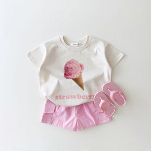 Jurken 2023 Koreaanse Kinderkleding Set Baby Jongens Biologisch Katoen Ijs T-shirts en Pinkycolor Linnen Shorts voor Baby Meisjes Harembroek