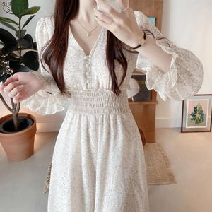 Jurken 2023 Spring Fashion Casual Vintage Women Jurk Elegant Floral Vneck Midi Chiffon Dress Lady Long Sleeve Dames Jurken Vestido