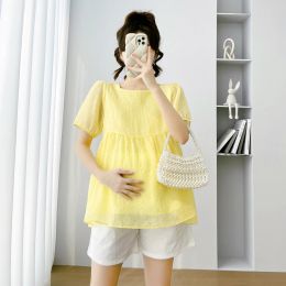 Vestidos 2023 Camisas de maternidad de verano con forro de manga de hojaldre Collar cuadrado Mujer de embarazo Bodas plisadas Camas de embarazo