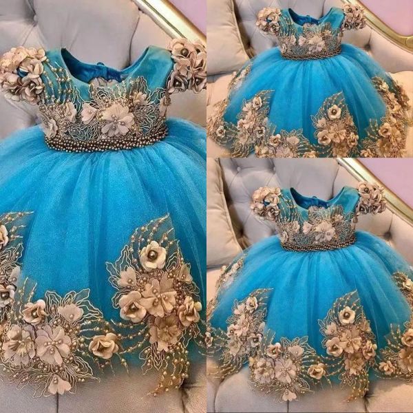 Vestidos 2023 Vestidos de niñas de flores turquesas para bodas Cubra de cuello mangas de encaje Apliques Perlas Beads Cumpleaños para niños