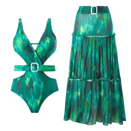 Dresses 2024 New One Pieces V Neck Beachwear +Bohemian Dresses for Women Cut Out Bodysuit Feather Printed Swimsuit and Skirt with Belted