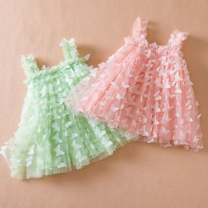 Jurken 2024 Nieuwe zomerbabymeisjes jurk 3D Butterfly TuLle Tutu Princess Dress Birthday Party riem jurk voor 15 jaar peuter kinderkleding