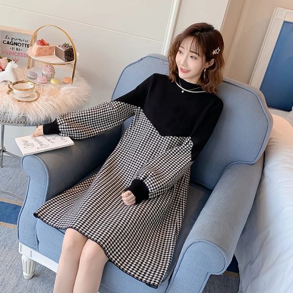 Robes 2024 printemps automne mode coréenne robe de maternité à carreaux Patchwork vêtements doux pour les femmes enceintes robes de grossesse élégantes
