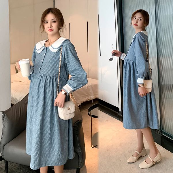 Robes 2082 # 2021 printemps mode coréenne Plaid coton robe de maternité Chic Ins vêtements doux pour les femmes enceintes robe de grossesse en vrac