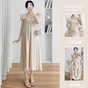 Jurken 2321# Summer Fashion Linen Maternity Losse rechte jurk zoete rufflle kleding voor zwangere vrouwen zwangerschap casual 230428