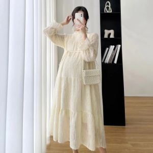 Robes 2541 # 2022 automne printemps mode coréenne maternité longue robe élégante Ins une ligne vêtements amples pour les femmes enceintes vêtements de grossesse