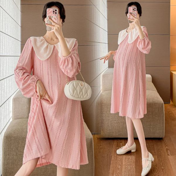 Robes 2623 #2023 automne mode coréenne robe de maternité rose doux col rond vêtements amples pour les femmes enceintes vêtements de grossesse mignons