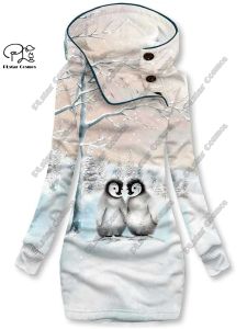 Robes 3D imprimé flocon de neige de Noël série animale motif pingouin col spécial robe sweat-shirt longue pour femme décontractée et chaude