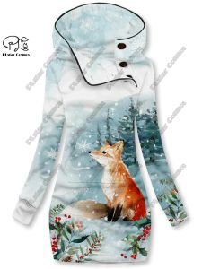 Jurken 3D-printen Kerst sneeuwvlok dierenserie schattig vospatroon speciale kraag lange damestruijurk casual en warm