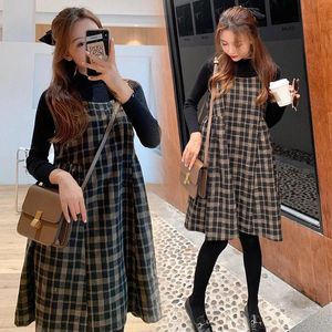 Robes 6613 # automne mode coréenne robe de maternité costumes élégant vêtements chauds pour les femmes enceintes hiver grossesse Plaid gilet robe chemise