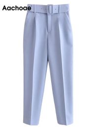 Jurken Aachoae Solid Elegant Pencil Pants Women Business Suit broek vrouwelijke geplooide dame lange broek met riem pantalones mujer