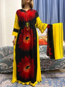 Jurken Abaya Voor Vrouwen 2023 Moslim Mode Bloemen V-hals Gewaad Femme Musulmane Islam Afrikaanse Katoenen Jurk Caftan Marocain Met Tulband