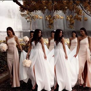 Jurken Afrikaanse bruidsmeisje blush roze satijn een schouderzijde split plus size mermaid vloer lengte lange bruidsmeisje jurken bruiloft gasten jurk