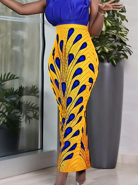 Vestidos Mujeres africanas Impreso Falda lápiz de cintura alta Amarillo Azul Patrón de plumas de pavo real Faldas midi Elegante Fiesta Noche Tamaño grande